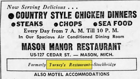 Mason Manor Motel (Turneys Dining Room) - Nov 1957 Ad